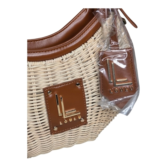 LOULU Woven Rattan Crescent Shoulder Bag NWT Boho Straw Purse Brown Trim - Picture 2 of 7